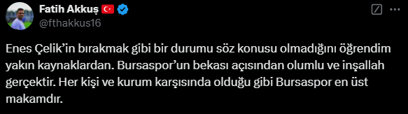 Gazeteci Fatih Akkuş:

Enes Çelik’in bırakmak gibi bir durumu söz konusu olmadığını öğrendim yakın kaynaklardan. Bursaspor’un bekası açısından olumlu ve inşallah gerçektir. Her kişi ve kurum karşısında olduğu gibi Bursaspor en üst makamdır.