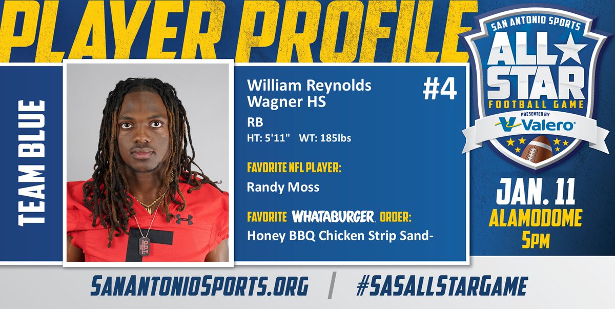 Meet <a href="/WillReynolds_4/">William Reynolds</a> from <a href="/WagnerTBirds/">Wagner High School</a> who will compete in the San Antonio Sports All-Star Football Game pres. by <a href="/ValeroEnergy/">Valero</a> at the Alamodome on Jan. 11! #SASAllStarGame <a href="/RandyMoss/">Randy Moss</a> 

<a href="/KarenWagnerHSFB/">Wagner T-Bird Football</a> 
<a href="/JudsonISD/">Judson ISD 🍎</a> 
<a href="/JISD_ATHLETICS/">Judson ISD Athletics</a>