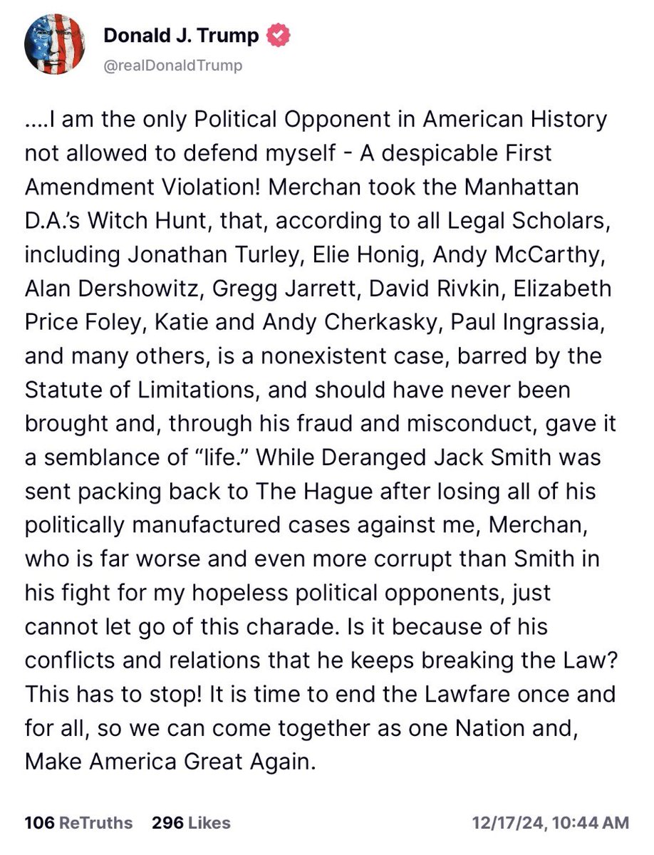 🚨Trump responds after Judge Juan Merchan rejects the dismissal of his “hush money” convictions, following the Supreme Court’s immunity decision: