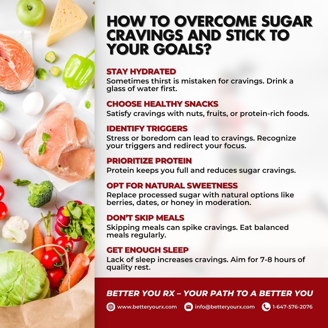 betteryourxx's tweet image. Struggling with sugar cravings? 🍬 It’s time to take control! Stay hydrated, choose healthy snacks, and get enough sleep to stick to your health goals. Better You Rx supports your journey with meds delivered to your door! #BetterYouRx #HealthyLiving #CravingControl #StayHealthy