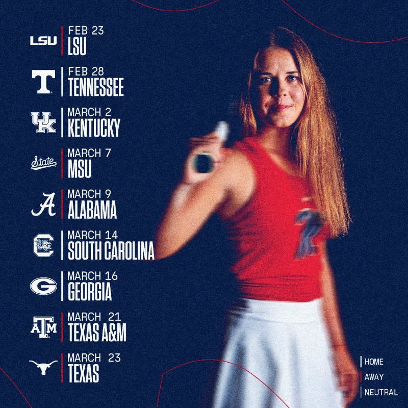 OleMissWTennis's tweet photo. One month until we're back 👏

The 2025 spring schedule is here!