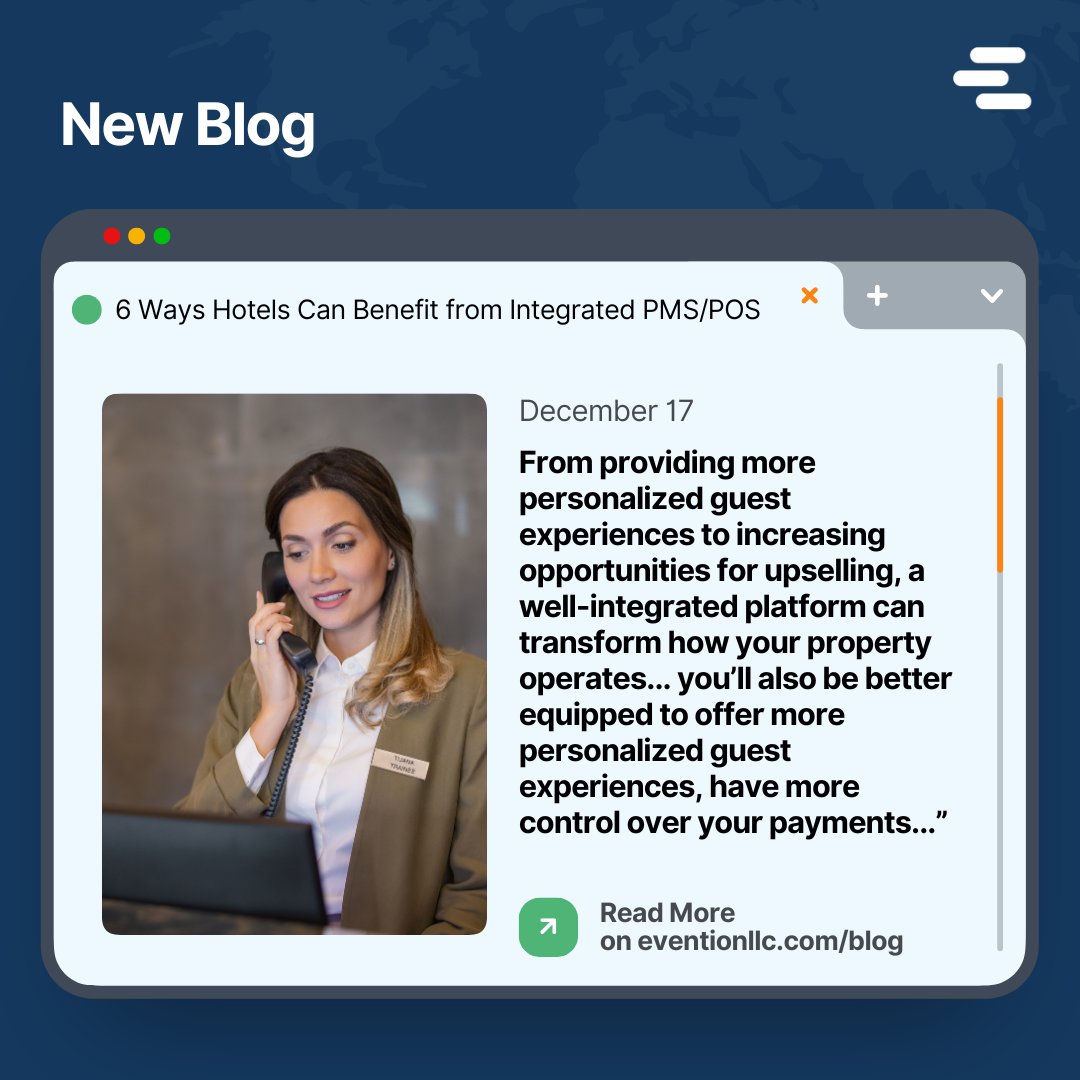 EventionLLC's tweet photo. Our latest blog dives into 6 key ways hotels can thrive with integrated PMS and POS systems. Discover how technology can bridge the gap between property management and point-of-sale to create a seamless payments solution. Read it here: https://t.co/PouojMUaMc

#hospitality https://t.co/CeSJs5wmZO