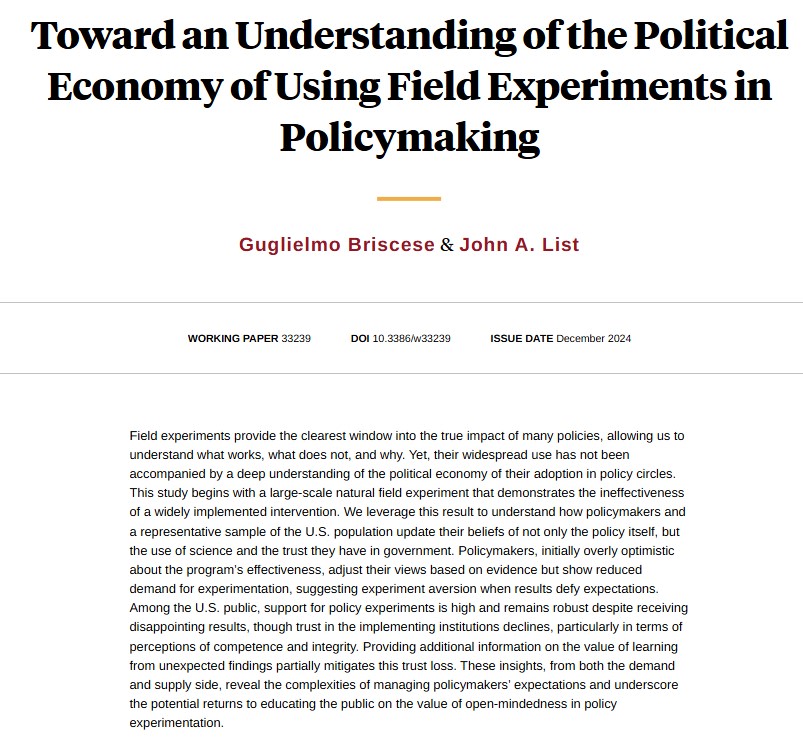 How policymakers and the US population update their beliefs on the use of science and the trust they have in government following a field experiment that demonstrated the ineffectiveness of a policy intervention, from @Briscese and @econ_4_everyone nber.org/papers/w33239