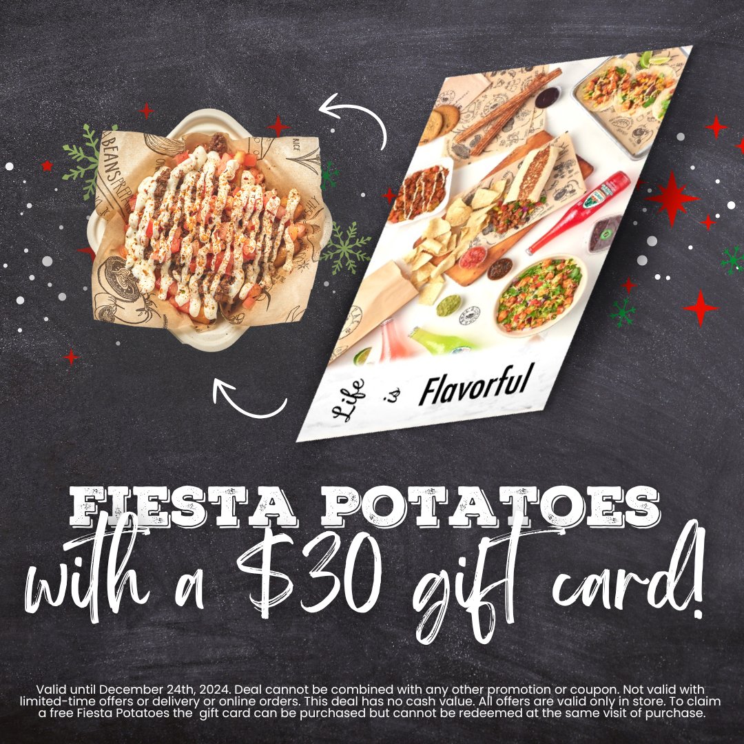 Need a last minute Christmas gift? 🌟

Get them a minimum $30 Guac Mexi Grill gift card before December 24th, and we’ll add a free Fiesta Potatoes to your order just for you. 💚

🥑 Find your nearest Guac Location: guacmexigrill.ca/locations
🌮 Order Online: guacmexigrill.ca/guacmenu