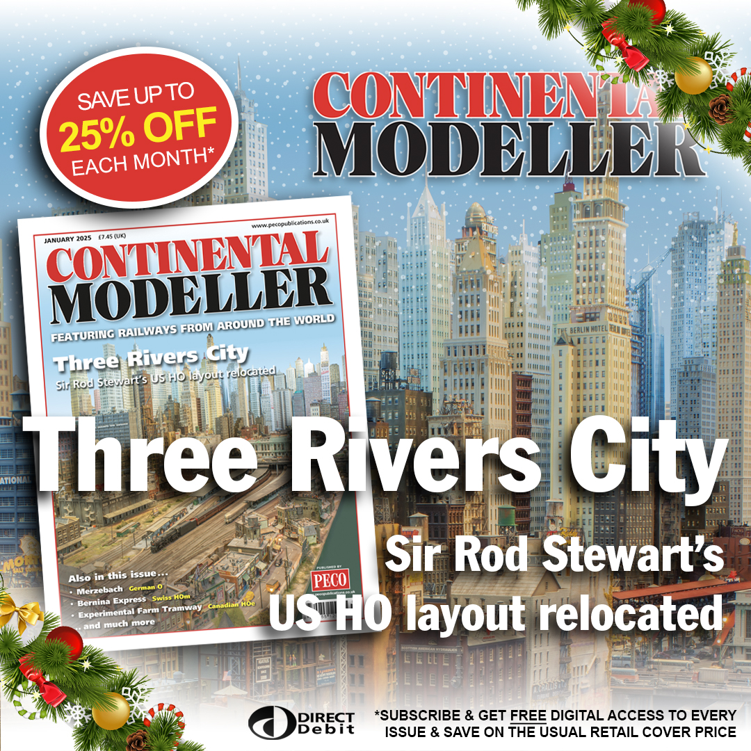 RailwayModeller's tweet photo. The NEW January 2025 issue of Continental Modeller is out NOW! Featuring Sir Rod Stewart's US 'Three Rivers City' HO layout, relocated to the UK
Buy online below or in all good model shops
https://t.co/IapZdFaOpE
#ThreeRiversCity #ModelRailroads #RailroadModelling @rodstewart https://t.co/05eLU6EfFS
