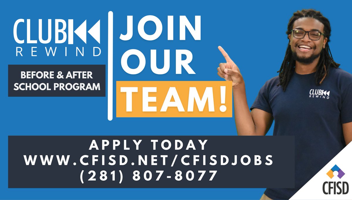 CyFairISD's tweet photo. Our before- and after-school care program, @CFISDClubRewind, is hiring for several positions.

Program leader: https://t.co/dqrmEn3tlE
Program clerk: https://t.co/fKxoK9Gf4p
Program manager: https://t.co/ZdJtkZvpu3
Asst. program manager: https://t.co/s6Ln89Dh28 https://t.co/FF0Al8e7w9