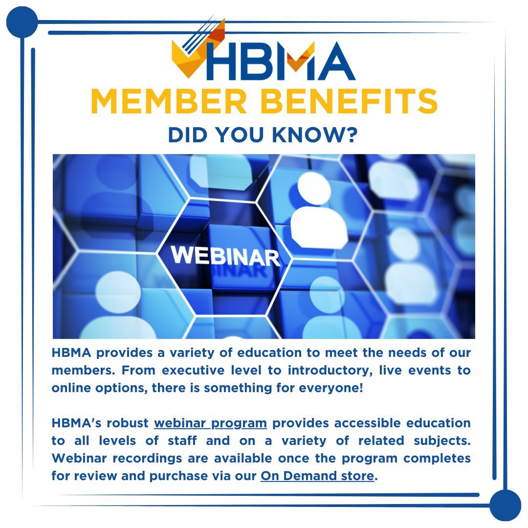 HBMABusiness's tweet photo. DID YOU KNOW? #HBMA 's robust #webinarprogram provides accessible #onlineeducation on a variety of related subjects. Webinar recordings are available once the program completes for review and purchase via our On-Demand store. #memberbenefits #membership https://t.co/kiRjg2vDv7 https://t.co/FypMbvPrPw