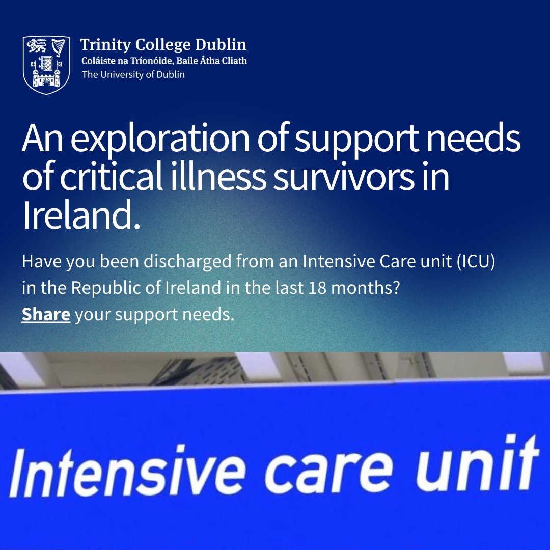 School of Nursing & Midwifery, TCD (@tcd_snm) on Twitter photo Have you or someone you know been discharged from ICU in the past 18 months?
Take a short, anonymous survey to help PhD student,
<a href="/delanesh1/">Shauna Delaney</a>, conduct research into how we can better support and understand the recovery experience of people with critical illness in Ireland. Have you or someone you know been discharged from ICU in the past 18 months?
Take a short, anonymous survey to help PhD student,
<a href="/delanesh1/">Shauna Delaney</a>, conduct research into how we can better support and understand the recovery experience of people with critical illness in Ireland.