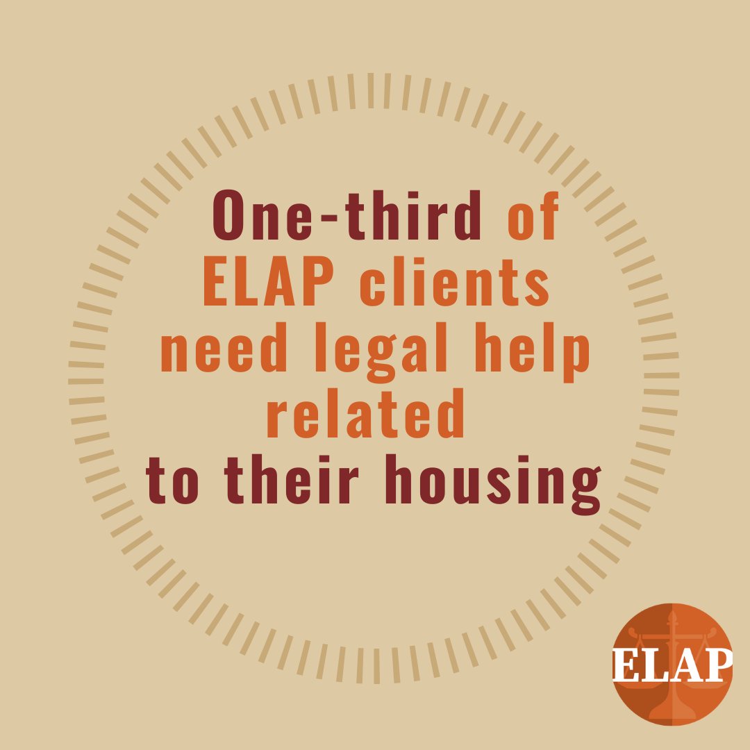 One-third of ELAP clients are seeking legal help related to their housing.

Becoming homeless or being able to stay in your home can come down to understanding your legal rights. That's why ELAP is here. 

✔️ Support our mission: elap.org/donate
