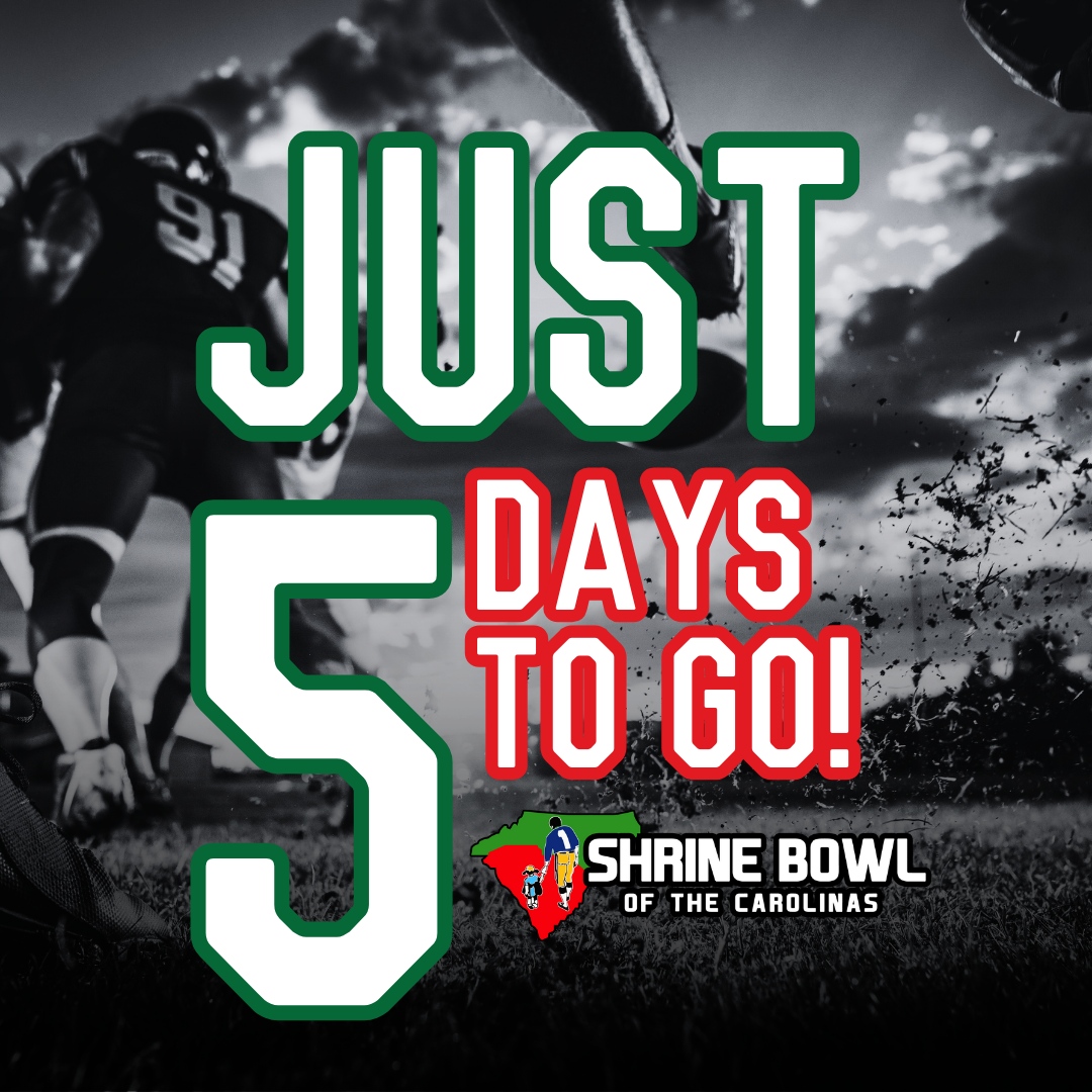 The countdown is on—just 5 days until the Shrine Bowl of the Carolinas! Are you ready for the action? #ShrineBowlOfTheCarolinas #ShrineBowl #NC #SC #ShrineBowl #5DaysToGo"
