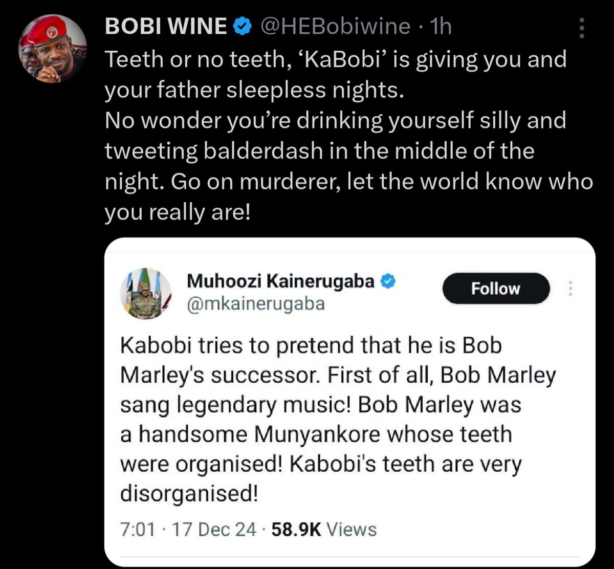 EnjoyTweets1's tweet photo. Bobi Wine has replied Muhoozi Kainerugaba.
#Mezonoir #Kendrick #Chameleon #ParishDevelopmentModel #VictorOsimhen #GCIMediaReview #Ugandaandethiopia #ExposeTheCorrupt #BududaDistrict #AdemolaLookman #LaCuevaKLA #uysafeandstylish https://t.co/R7yWS2rtOX