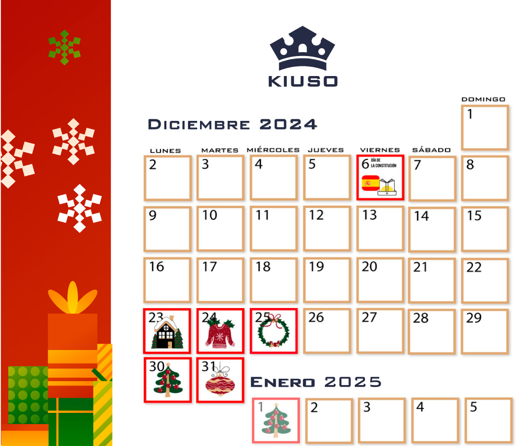PUERTASKIUSO's tweet photo. 🗓️🚪 Kiuso en Navidad

Os informamos que durante los días 23, 24, 25, 30 y 31 de diciembre, así como el 1 de enero nuestras instalaciones permanecerán cerradas 
Aprovechamos esta ocasión para desearos una Feliz Navidad y un Año Nuevo de alegrías 🤗✨
#FelizNavidad #felizañonuevo https://t.co/Wf7ge16jVB