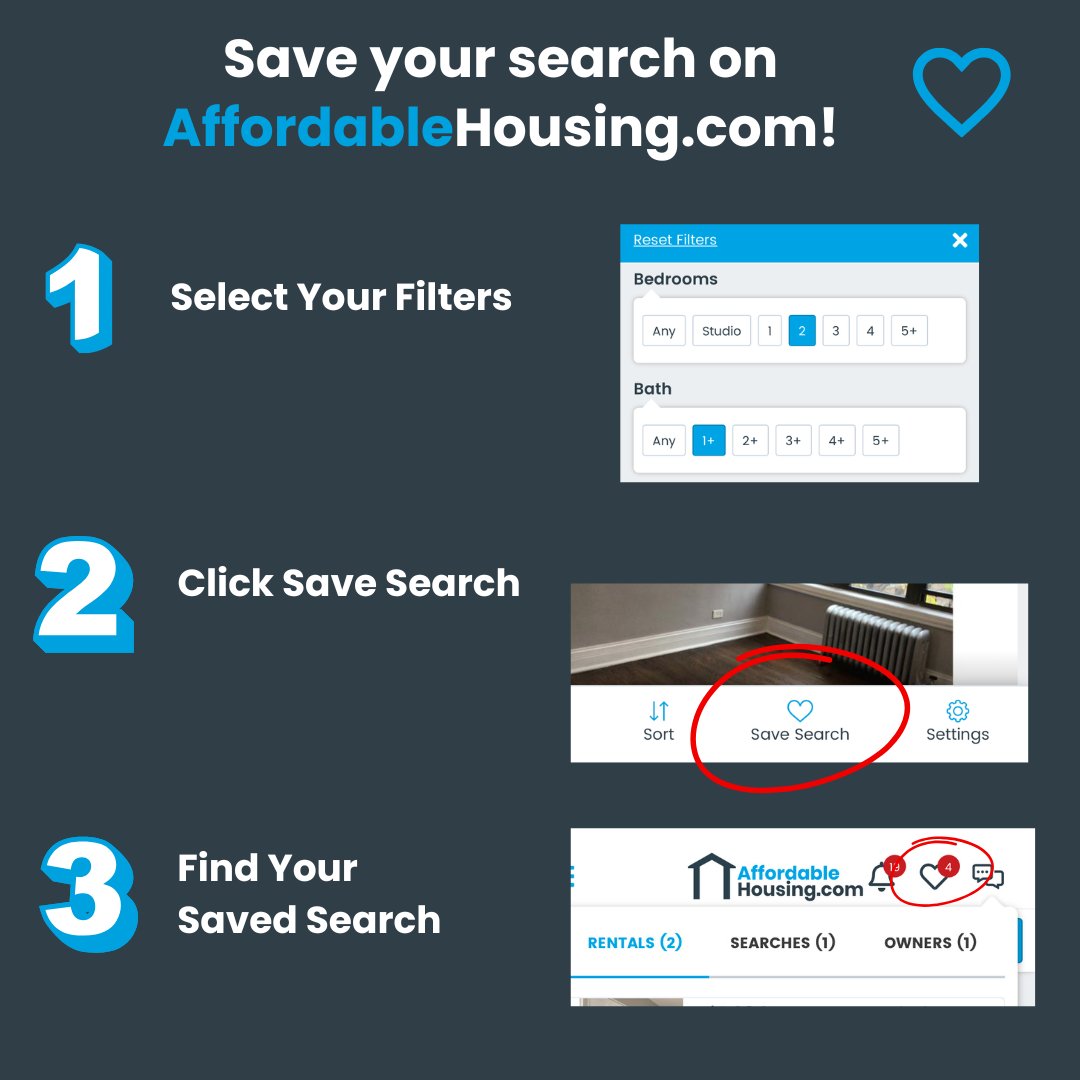 AffordHousng's tweet image. Searching for a new home? Save your search 🔎 on AffordableHousing.com and skip the hassle of reapplying filters. Simply log in, click your saved search, and pick up right where you left off. #affordablehousing #savedsearch