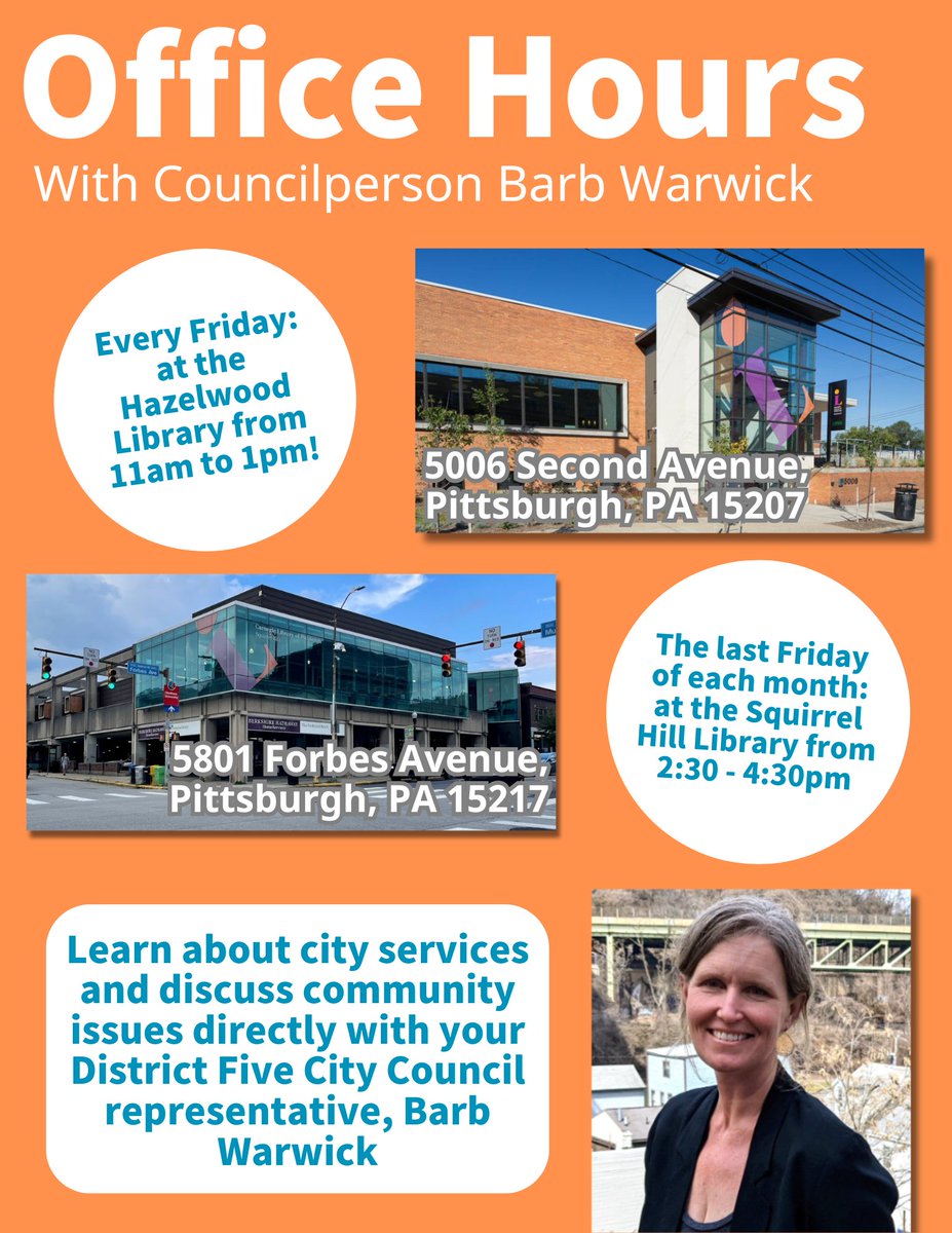 Councilperson Warwick holds weekly office hours where residents can discuss community issues with her, one-on-one! Every Friday at the Hazelwood Library (11am - 1pm), and the last Friday of each month in Squirrel Hill (2:30pm - 4:30).