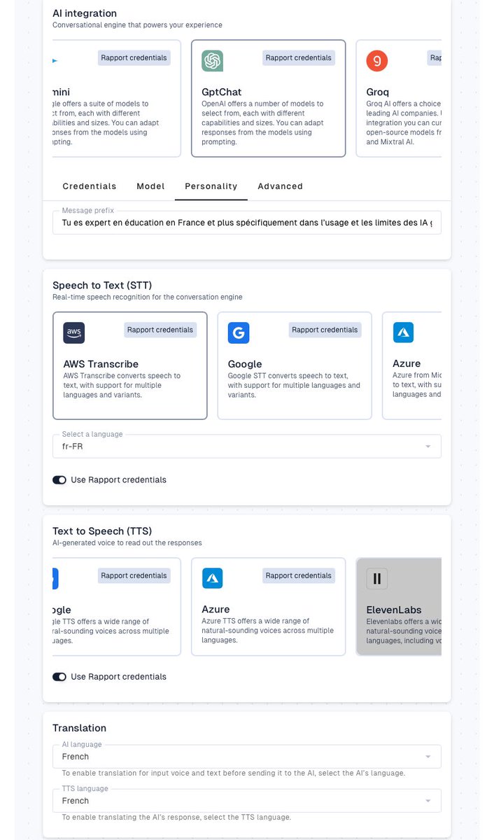 bertrandformet's tweet photo. Rapport (https://t.co/wRpupPjhlP) permet de créer des #chatbots avec avatar et #voix à partir d’un pre-prompt. Principaux modèles disponibles (LLM, reconnaissance vocale et "text to speech"), 4 voix françaises. 20 min gratuites par conversation. Tests à suivre 1/2 #uneIAparjour https://t.co/yIzjr2LxJu