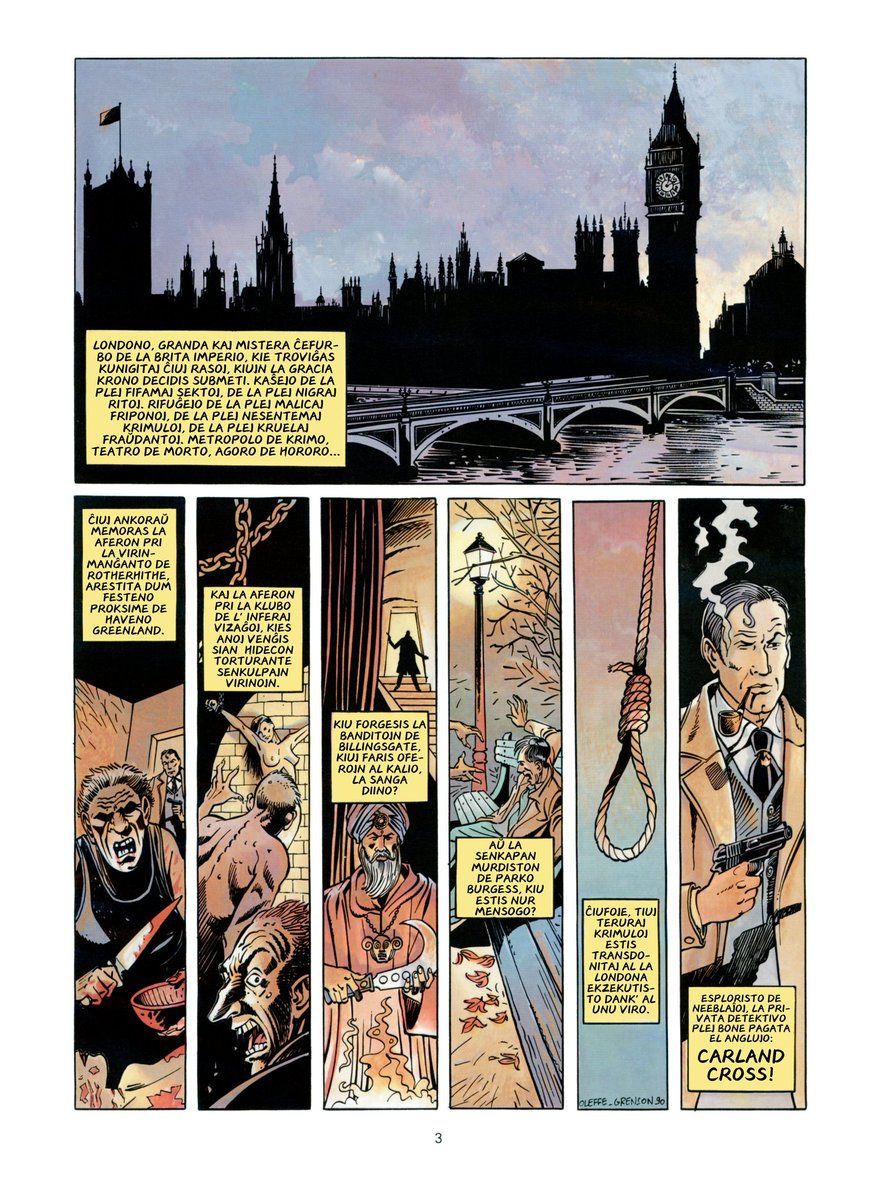 Mikstro2's tweet image. 📚La unua volumo de la belga komiksoserio «Carland Cross» publikiĝos baldaŭ ĉe esperaĵo.net (antaŭ ol jarfino). Ĝi rakontas pri lerta detektivo kaj lia helpisto esplorantaj supernaturaĵojn en Britio.

«Carland Cross 1: La golemo» (45 paĝoj). Jen la unuaj kvar paĝoj: