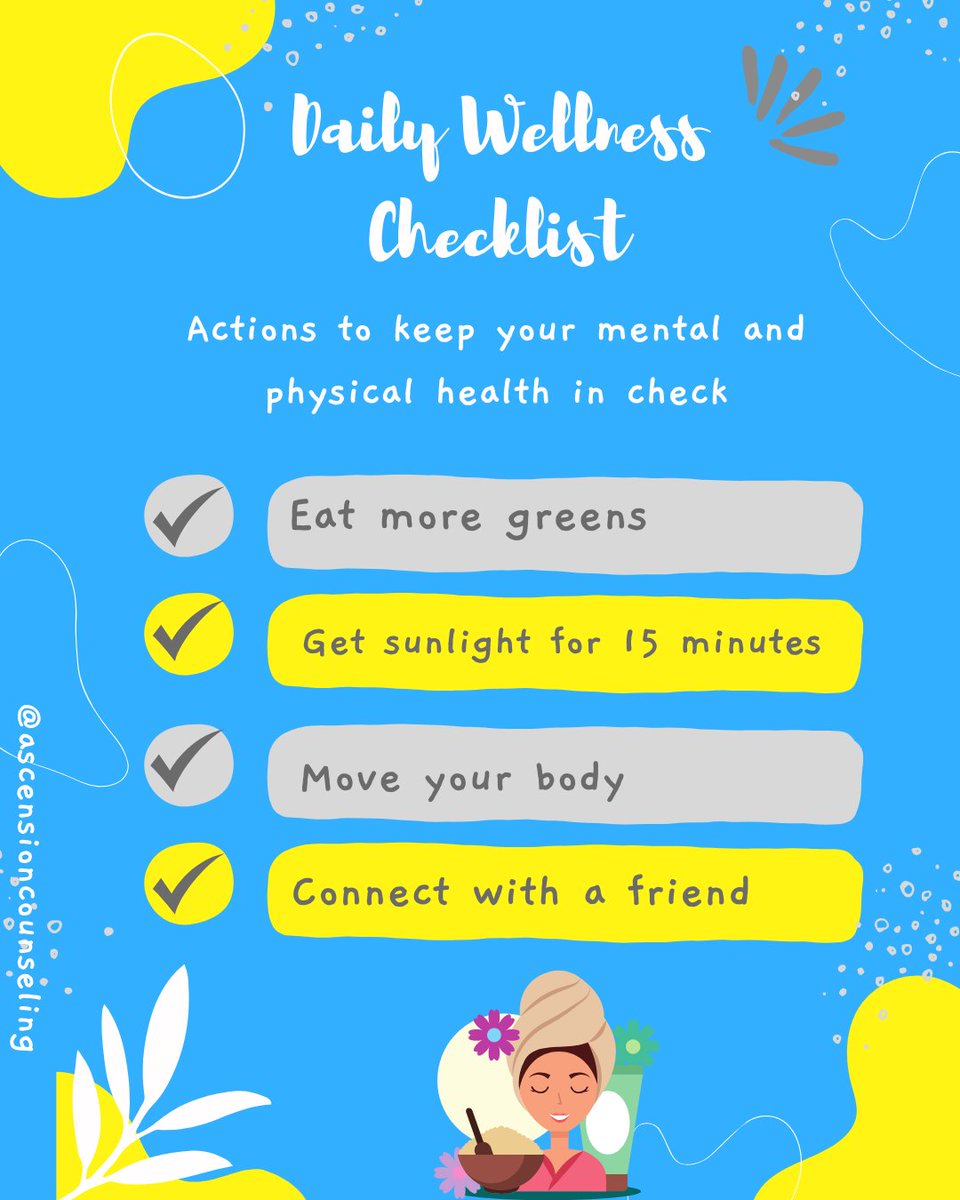 mftcle's tweet image. ✨Your daily wellness reminder✨
Take care of YOU—mind, body, and soul. 🌱☀️
Which of these are you checking off today? Let’s keep ourselves healthy and thriving! 🩵

#WellnessChecklist #SelfCareDaily #MindBodyHealth #AscensionCounseling #DailyWellness