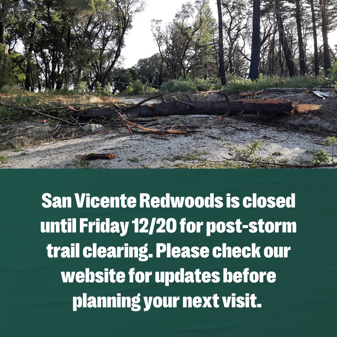LandTrustSantaCruz (@landtrustscc) on Twitter photo San Vicente Redwoods is closed until 12/20 for post-storm clearing.
Please check our website for updates before planning your next visit. You can also register for a trail pass to get email updates on trail closures at the preserve on our website. San Vicente Redwoods is closed until 12/20 for post-storm clearing.
Please check our website for updates before planning your next visit. You can also register for a trail pass to get email updates on trail closures at the preserve on our website.