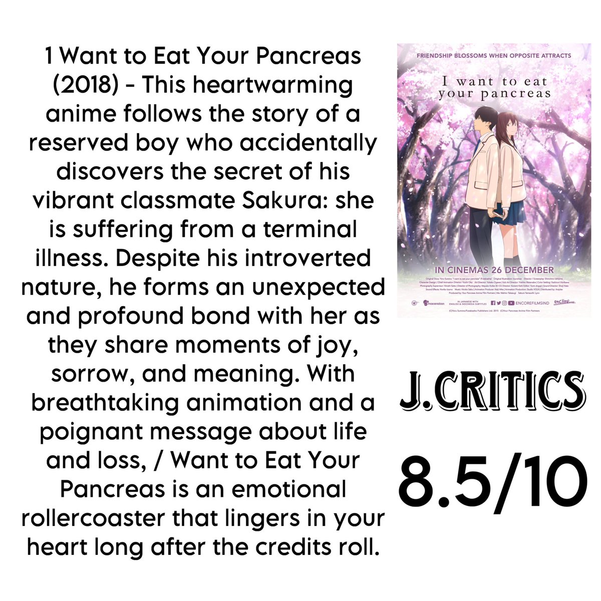 J_Critics_'s tweet photo. #Moviefortheday : I Want to Eat Your Pancreas (2018) 🎬 - A stunning anime about friendship, love, and life in the face of impermanence. Emotional and unforgettable.
#Movie #Anime #Opinion #Drama #Romanze https://t.co/ZQ2xFndaMs
