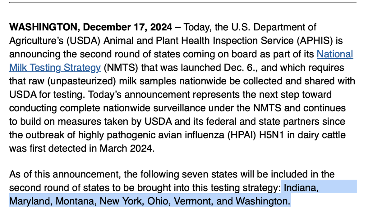 HelenBranswell's tweet photo. 7 more states are set to take part in @USDA's mandatory bulk tank testing program looking for #H5N1 #birdflu in dairy cow herds. Indiana, Maryland, Montana, New York, Ohio, Vermont &amp; Washington will join California, Colorado, Michigan, Mississippi, Oregon, and Pennsylvania. https://t.co/qoEMT1oyGx