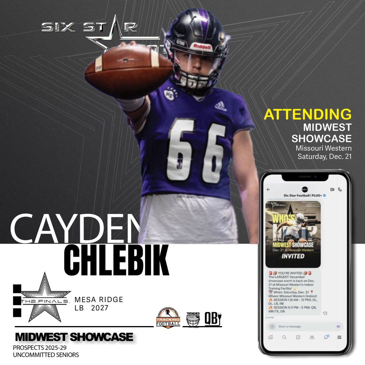 Six Star Football | PLUS+ (@sixstarfootball) on Twitter photo MIDWEST SHOWCASE | Cayden Chlebik
5’7, 184 | LB | 2027 | Mesa Ridge (CO) | <a href="/CChlebik/">Cayden Chlebik</a>
☑️Excited to announce rising prospect Cayden Chlebik will be attending the Midwest Showcase!
☑️Will be traveling from Colorado to event!
📆Dec 21
📍Missouri Western
REGISTER/INFO MIDWEST SHOWCASE | Cayden Chlebik
5’7, 184 | LB | 2027 | Mesa Ridge (CO) | <a href="/CChlebik/">Cayden Chlebik</a>
☑️Excited to announce rising prospect Cayden Chlebik will be attending the Midwest Showcase!
☑️Will be traveling from Colorado to event!
📆Dec 21
📍Missouri Western
REGISTER/INFO