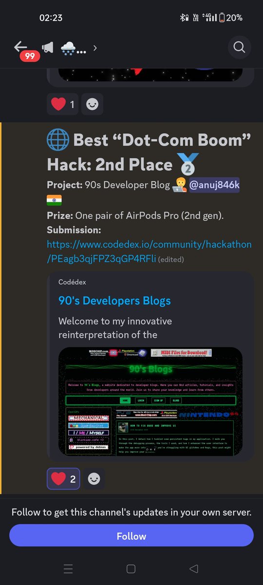 anujxforge's tweet photo. 2nd win in row 🚀 before year end !
A huge thanks to the @codedex_io
Team for organising this amazing Hackathon!
Previous year Anuj is thanking himself for not giving up, attending events and practicing alottt !
#winterhackathon #2ndplace #codedex https://t.co/IQMaZbnOK9