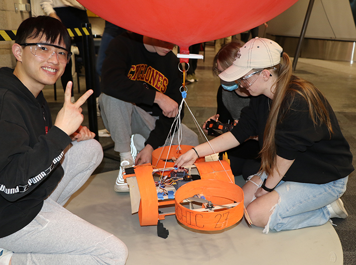 "Blasting off again" in the Pokemon-themed Lighter Than Air Fly-Off! A total of 45 freshman teams flew their lighter than air remote controlled craft, with the aid of helium-filled  balloons, through the Howe atrium obstacle course. See a separate post for the winning team!