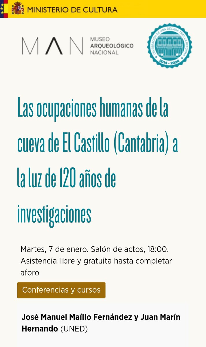 El Castillo cave Project (@castillo_cave) on Twitter photo Os esperamos en <a href="/MANArqueologico/">Museo Arqueológico Nacional</a> el próximo 7 de enero a las 18h para charlar sobre las últimas investigaciones en El Castillo. Habrá exclusivas.
<a href="/JuanHMarin/">Juan Marín Hernando</a> <a href="/UNED/">UNED</a> <a href="/UNEDprehistoria/">Dpto. Prehistoria y Arqueología - UNED</a> Os esperamos en <a href="/MANArqueologico/">Museo Arqueológico Nacional</a> el próximo 7 de enero a las 18h para charlar sobre las últimas investigaciones en El Castillo. Habrá exclusivas.
<a href="/JuanHMarin/">Juan Marín Hernando</a> <a href="/UNED/">UNED</a> <a href="/UNEDprehistoria/">Dpto. Prehistoria y Arqueología - UNED</a>