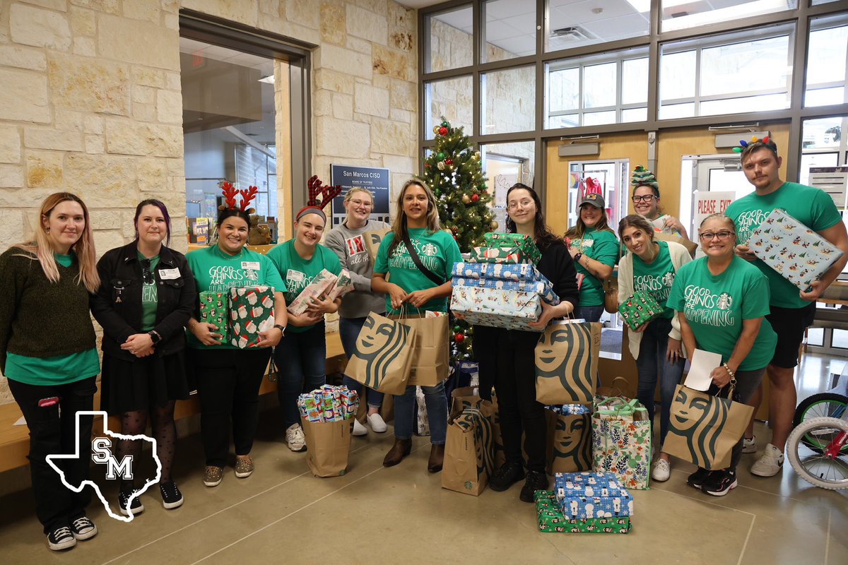 SanMarcosCISD's tweet photo. As part of their commitment to community engagement &amp; fostering a spirit of generosity, Starbucks spread joy beyond its coffee cups by gifting a special toy to every #SMCISD Bonham Pre-K student this season. Thank you so much @Starbucks! #goodthingshappening #communitychampion https://t.co/NZwoS1BrhT