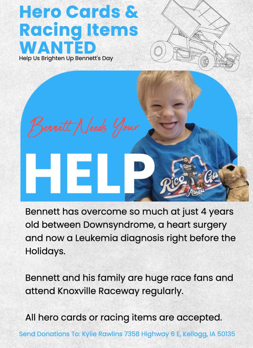 🏁🚗 Calling All Sprint Car Racers &amp; Fans! 🚗🏁

If you're a racer or fan, please consider sending something special to brighten his day! Let's show Bennett how awesome the racing community is! Tag any racers you know who can help. Doesn't have to be sprint cars. 🙌💫