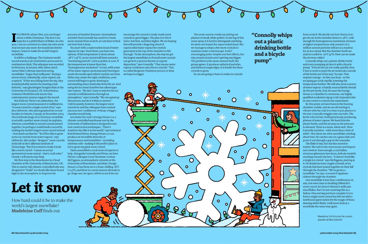 New work for <a href="/newscientist/">New Scientist</a> ❄️☃️

Following on from the cover job I shared earlier this week, I've also got this double page spread illustration accompanying an article that talks about how to make the world's largest snowflake!