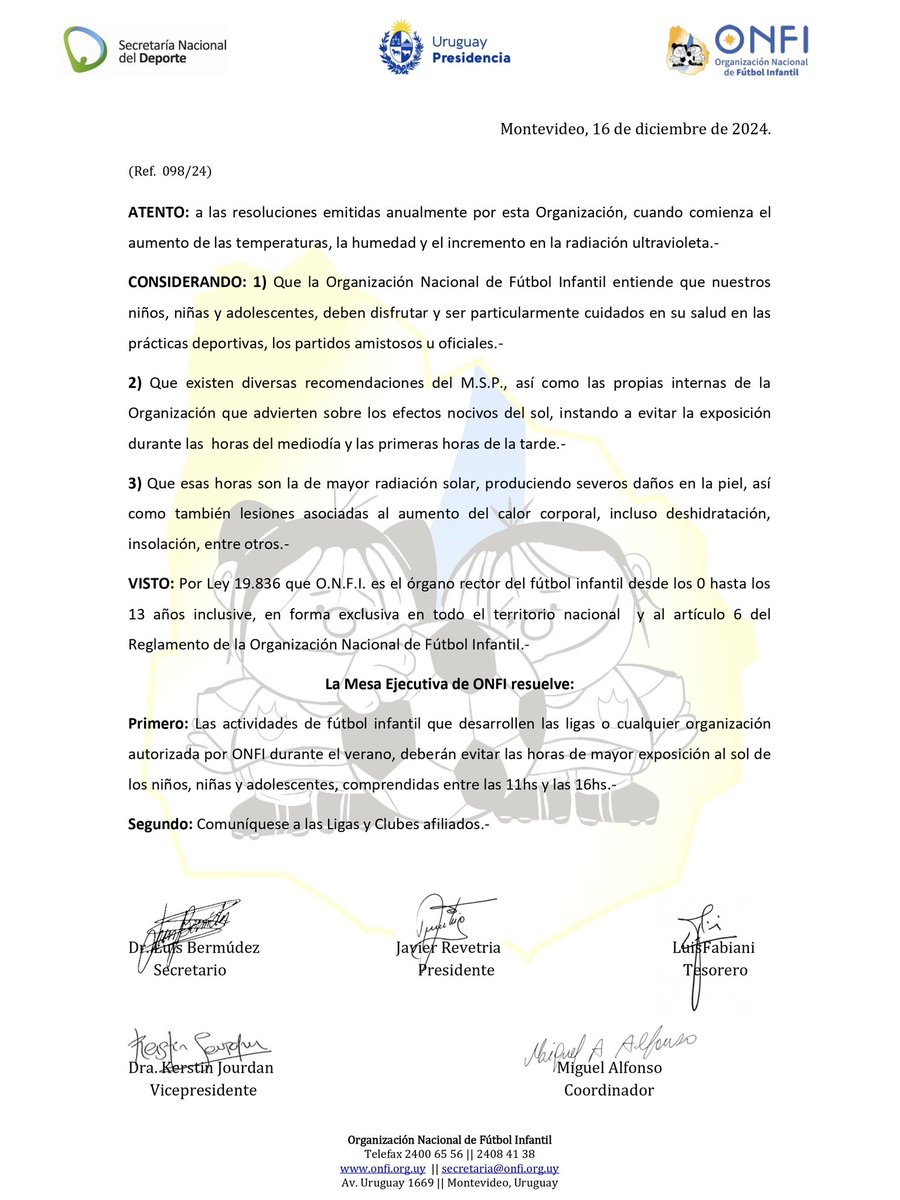 🗣️ 𝗥𝗲𝘀𝗼𝗹𝘂𝗰𝗶𝗼́𝗻

𝘐𝘯𝘧𝘰𝘳𝘮𝘢𝘤𝘪𝘰́𝘯 𝘪𝘮𝘱𝘰𝘳𝘵𝘢𝘯𝘵𝘦 𝘢𝘭 𝘳𝘦𝘴𝘱𝘦𝘤𝘵𝘰 𝘥𝘦 𝘭𝘰𝘴 𝘩𝘰𝘳𝘢𝘳𝘪𝘰𝘴 𝘥𝘦 𝘭𝘢𝘴 𝘢𝘤𝘵𝘪𝘷𝘪𝘥𝘢𝘥𝘦𝘴 𝘥𝘦 𝘧𝘶́𝘵𝘣𝘰𝘭 𝘪𝘯𝘧𝘢𝘯𝘵𝘪𝘭 𝘥𝘶𝘳𝘢𝘯𝘵𝘦 𝘦𝘭 𝘷𝘦𝘳𝘢𝘯𝘰.

#TodosSomosONFI