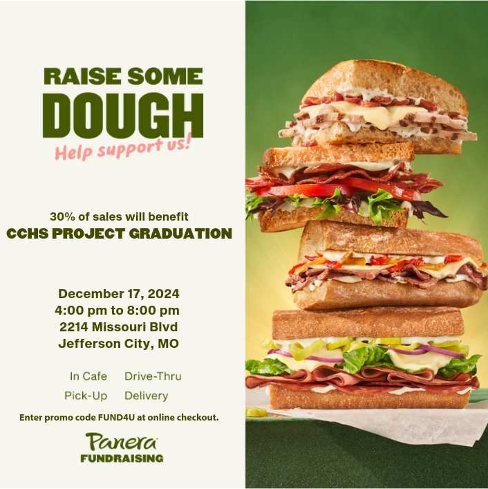 Tonight's the night!  Enjoy Panera Bread between 4pm-8pm and support CCHS Project Graduation 👩‍🎓.  Show them the digital flyer or use the promo code FUND4U online or in the app.  Thank you for supporting!