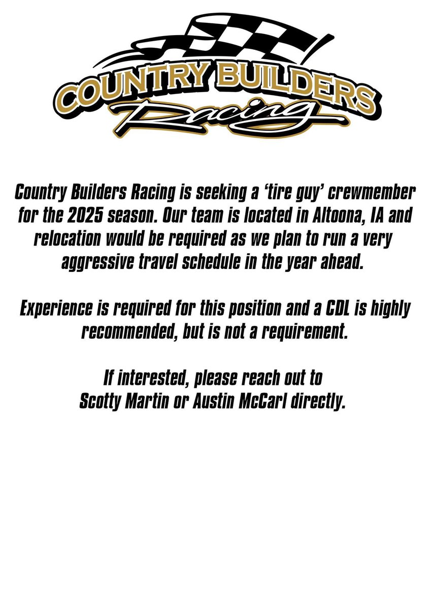 Have you always dreamed of being a “road dog” traveling from state to state getting dirty at the track? Plenty of opportunities open for various teams looking to fill multiple positions 👇
