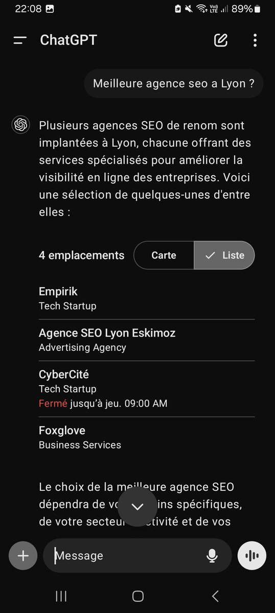 Intéressant l'ajout des horaires dans chatgpt, en revanche on ne travaille pas le mercredi partout :-)