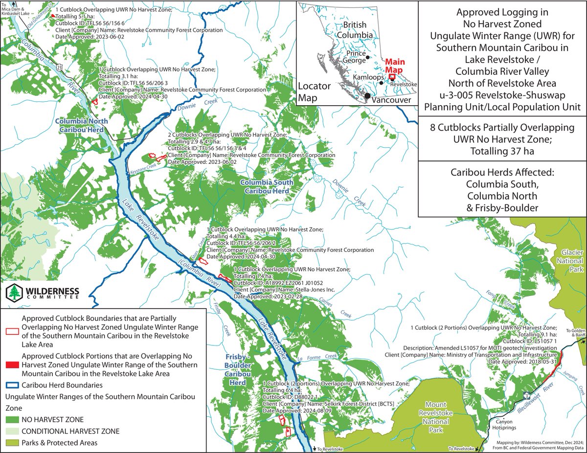Over 78 ha of no harvest zones—set aside for #caribou in the Revelstoke area—have been logged/ approved to be logged since 2009. An additional 1,367ha were logged in conditional harvest areas since then. #ActNow #SaveCaribou

Read more: wildernesscommittee.org/news/bc-loggin…