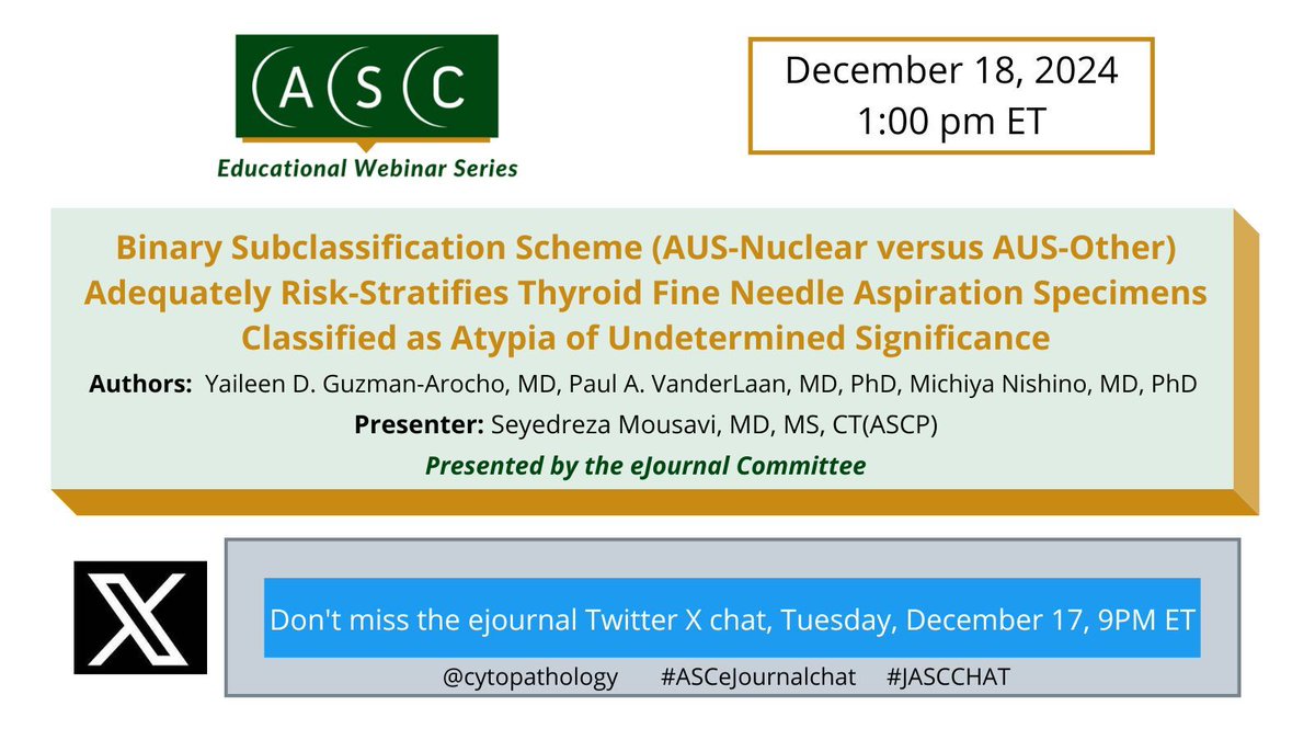 Join us for the ejournal live Twitter/X chat tonight at 9 pm ET, followed by a live webinar tomorrow, December 18 at 1 pm ET.
Register for the free webinar - buff.ly/4fVxdHm 
#cytopathology #cyto #cytopath