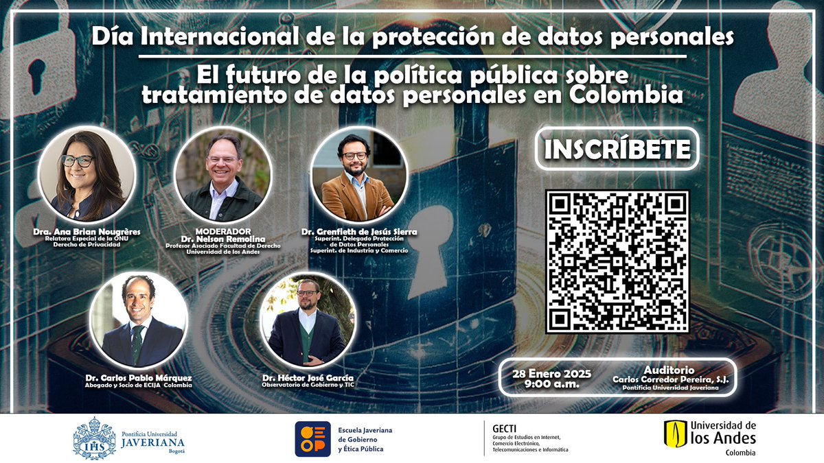 ***** DÍA INTERNACIONAL DE LA PROTECCIÓN DE DATOS (2025): La Escuela Javeriana de Gobierno y Ética Pública y el GECTI de <a href="/UniandesDerecho/">UniandesDerecho</a> los invitan a este evento gratuito para conversar sobre el futuro de la política pública colombiana sobre tratamiento de datos personales 👇