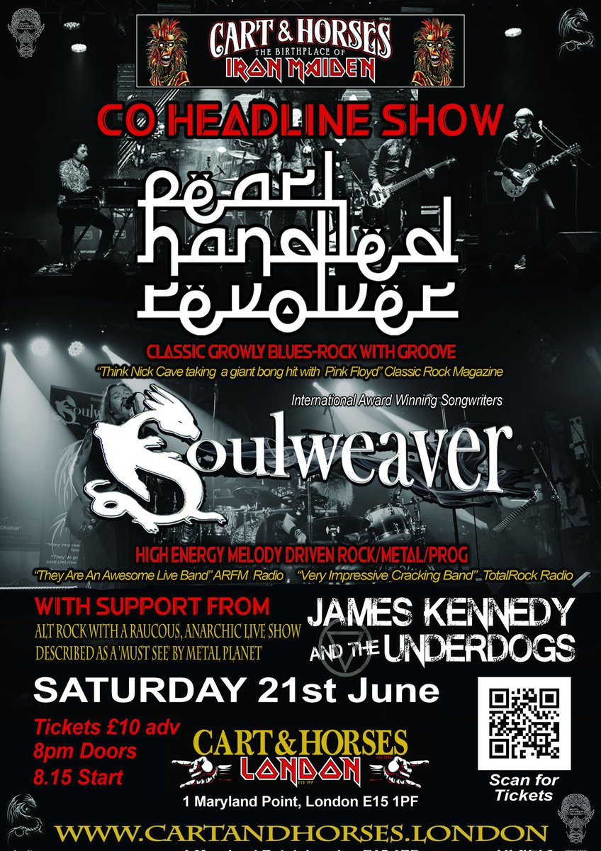Soulweaverband's tweet image. BIG GIG ANNOUNCEMENT!!! 🤘🤘🤘
Pearl Handled Revolver + Soulweaver + James Kennedy &amp;amp; The Underdogs @ The Cart &amp;amp; Horses London. 
Saturday 21st June 2025. Doors 8pm. £10 adv.
Tickets fatso.ma/01SN 

#londondrumstickcompany #fendercustomshopstratocaster #statusgraphite