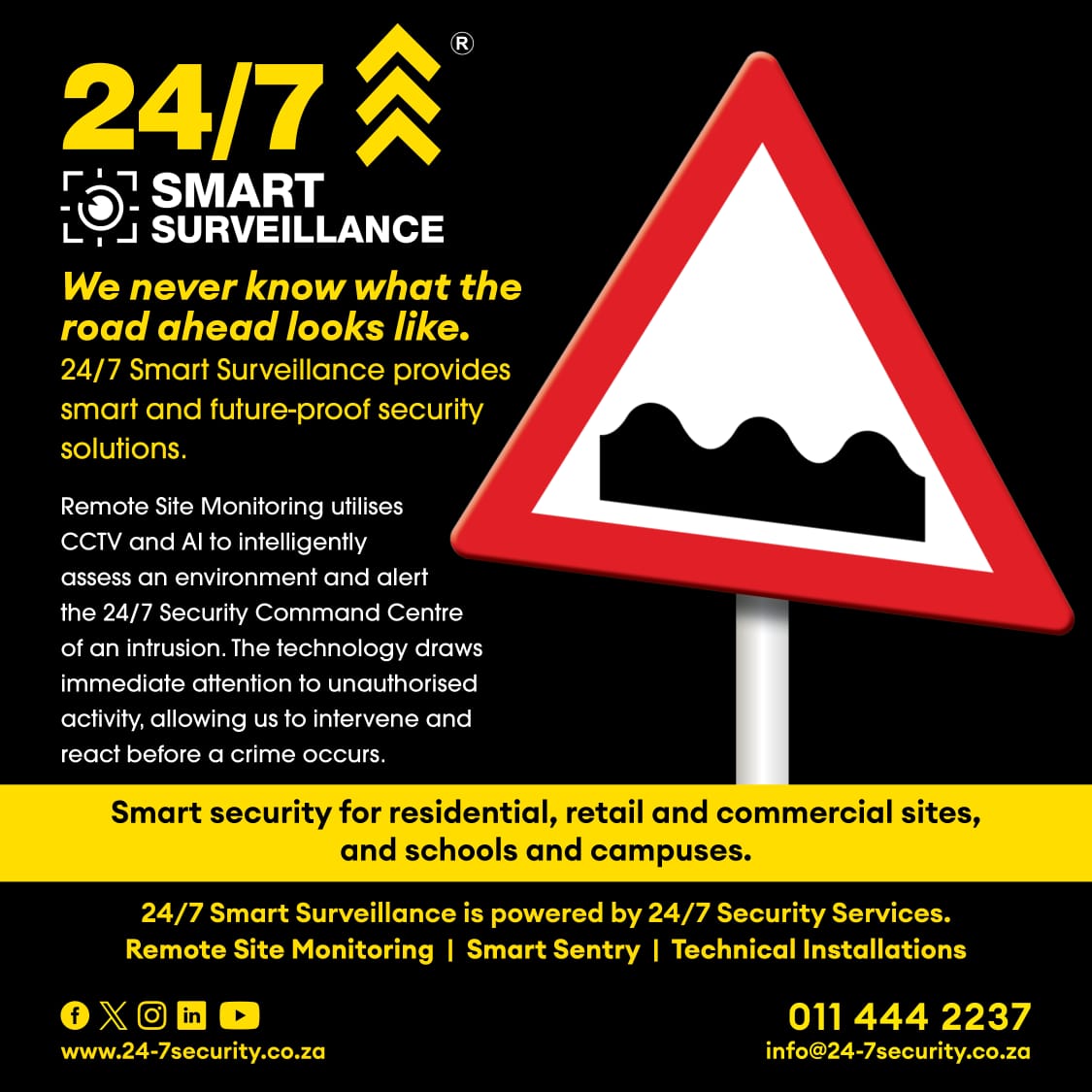 247SecurityZA's tweet image. The road ahead is uncertain. Let us help you make smart decisions for a smooth security journey.

Speak to us - 011 444 2237 / info@24-7security.co.za 

#247smartsurveillance 
#remotesitemonitoring
#offsitemonitoring #CCTV
#team247 #proudly247 #247security #247securityservices 🇿🇦