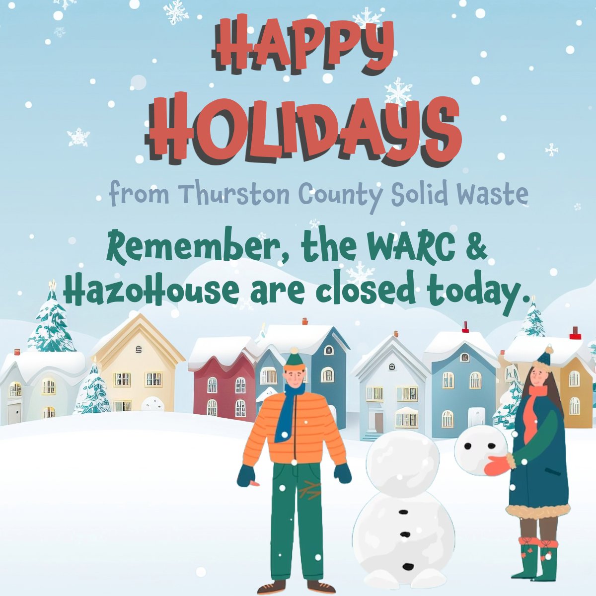 SolidWasteThuCo's tweet photo. 🎄🚨 Reminder: the Waste &amp; Recovery Center &amp; HazoHouse are closed! 🚨🎄

These facilities will return to regular operating hours on Thursday, December 26.
7am-4:45pm &amp; 8am-4:45pm, respectively.

Be sure to plan ahead and visit before or after the holiday! 🎁
🌟♻️ https://t.co/JSHAJCQ0fM