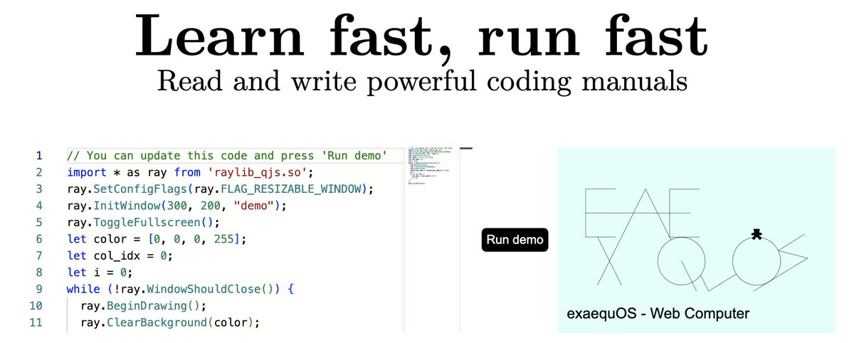 I have created exalib, a new way of creating coding manuals: code snippets can now render graphics and are being executed in the web browser with exaequOS : exalib.com