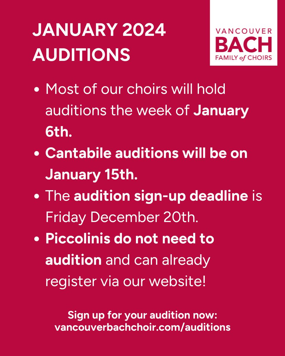 VanBachChoirs's tweet photo. Sing with us! Sign up for an audition by December 20th by heading to https://t.co/DRovigBFtC

#VancouverBachChoir #VancouverChoir #Auditions #Singwithus #CommunityChoir #ChoralTraining #ChildrensChoir #AdultChoir #GroupSinging #SingingClass #VancouverBC https://t.co/Qk79LYdluQ
