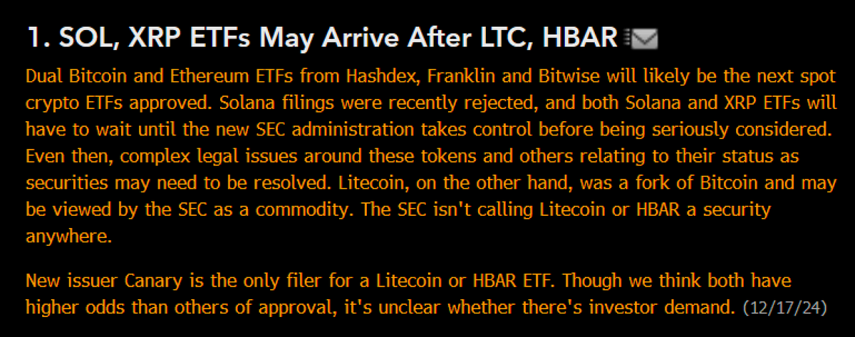 EricBalchunas's tweet image. We expect a wave of cryptocurrency ETFs next year, albeit not all at once. First out is likely the btc + eth combo ETFs, then prob Litecoin (bc its fork of btc = commodity), then HBAR (bc not labeled security) and then XRP/Solana (which have been labeled securities in pending…