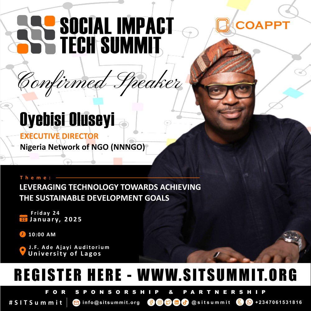 sitsummit's tweet photo. EXCITING NEWS

We are excited to announce that Oyebisi Babatunde Oluseyi @oyebisi Executive Director, Nigeria Network of NGOs (NNNGOs) will be speaking at Social Impact Tech Summit 2025!

Register Here - https://t.co/WbGhO1NZHH

#SITSummit #SDGs #Tech4Good #SocialImpact https://t.co/PJMRYUuV2x