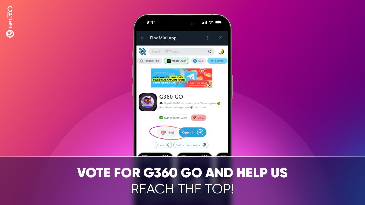 GPT360_Official's tweet photo. ⚠️𝐒𝐮𝐩𝐩𝐨𝐫𝐭 𝐭𝐡𝐞 𝐆𝟑𝟔𝟎 𝐆𝐎 𝐦𝐢𝐧𝐢-𝐚𝐩𝐩𝐥𝐢𝐜𝐚𝐭𝐢𝐨𝐧!⚠️

Follow the link 👉 https://t.co/O5kwv1Sol9 and vote for our mini-application G360 GO!

⚫️ Click the heart button 10 times ❤️ to cast your vote.
⚫️ Help G360 GO reach the top!

 𝐘𝐨𝐮𝐫 𝐬𝐮𝐩𝐩𝐨𝐫𝐭 𝐦𝐞𝐚𝐧𝐬 𝐭𝐡𝐞 𝐰𝐨𝐫𝐥𝐝 𝐭𝐨 𝐮𝐬!⚡️

#GPT360 #Vote #Crypto #Web3