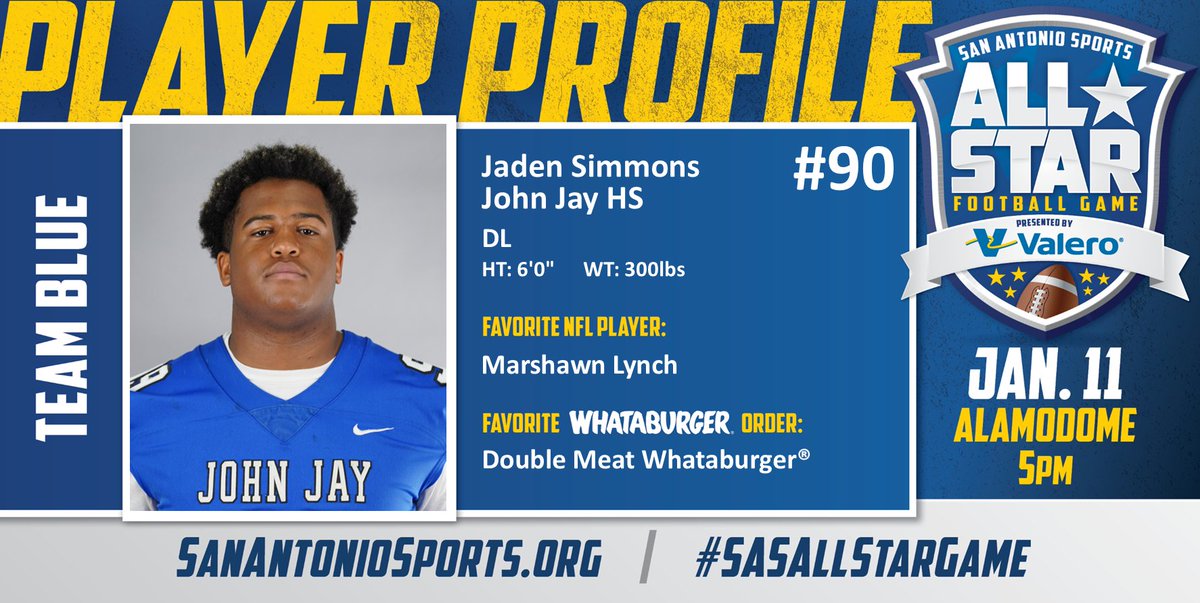 Meet <a href="/JadenSimmons_99/">Jaden Simmons</a> from <a href="/NISDJay/">John Jay High School</a> who will compete in the San Antonio Sports All-Star Football Game pres. by <a href="/ValeroEnergy/">Valero</a> at the Alamodome on Jan. 11! #SASAllStarGame <a href="/Whataburger/">Whataburger®</a> <a href="/MoneyLynch/">Marshawn Lynch</a> 

<a href="/JayMustangFB/">John Jay Mustang Football</a> 
<a href="/johnjaybooster/">John Jay Booster Club</a> 
<a href="/NISD/">Northside ISD</a> 
<a href="/NISD_Athletics/">NISD_Athletics</a>