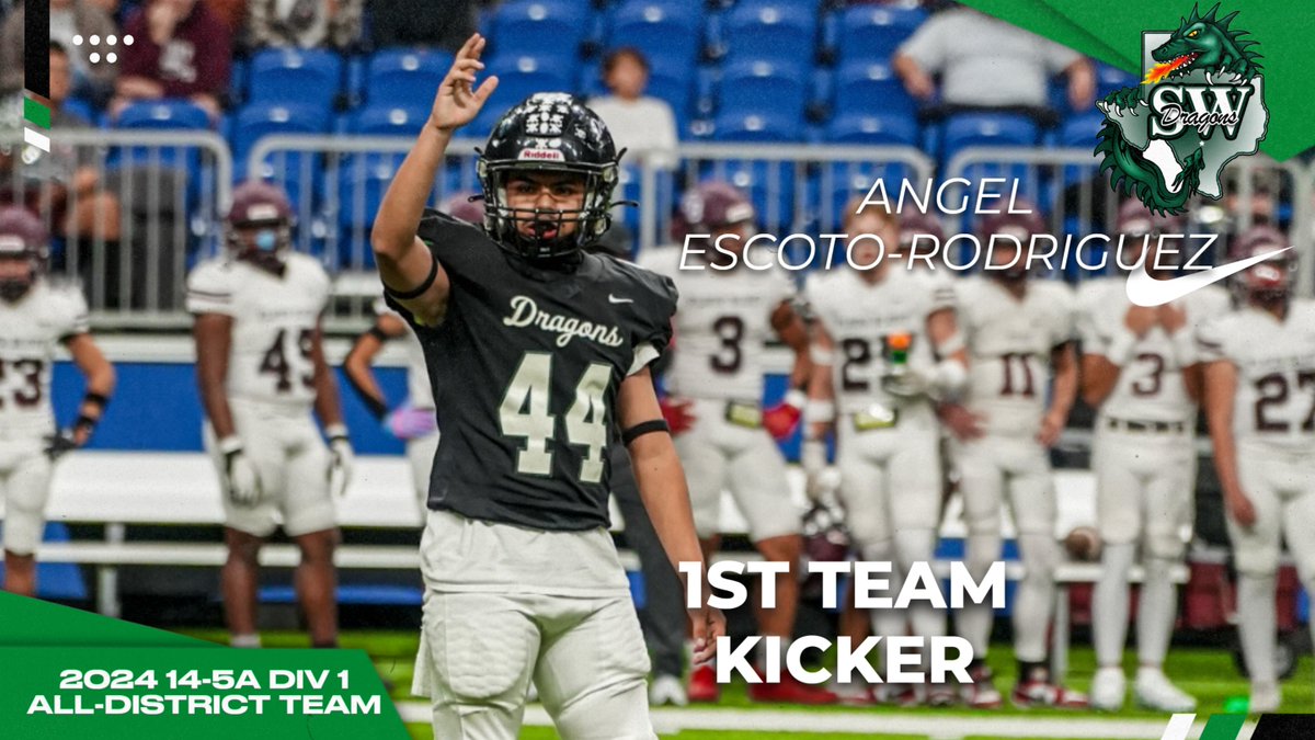 Southwest Dragons Football (@swdragonsfb) on Twitter photo 2024 14-5A Division 1 All-District Team Kicker <a href="/Angel_ER7/">Angel Rodriguez</a>. Angel has made a ton of huge kicks for the Dragons but none larger than the 2023 kicks vs Medina Valley and the 2024 onside vs Seguin that he recovered himself. Great career and recorded 25 tackles at OLB in 2024. #AAAO 2024 14-5A Division 1 All-District Team Kicker <a href="/Angel_ER7/">Angel Rodriguez</a>. Angel has made a ton of huge kicks for the Dragons but none larger than the 2023 kicks vs Medina Valley and the 2024 onside vs Seguin that he recovered himself. Great career and recorded 25 tackles at OLB in 2024. #AAAO