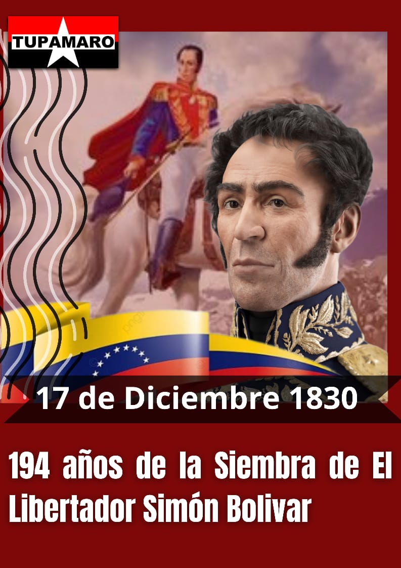 Hoy #17Dic 🇻🇪| Se conmemoran 194 años de la Siembra del Padre de la Patria Grande nuestro Libertador Simón Bolivar. Su legado antiimperialista continúa invicto e inquebrantable en el corazón de los pueblos.

<a href="/NicolasMaduro/">Nicolás Maduro</a>
#TupamaroTomaCaracas