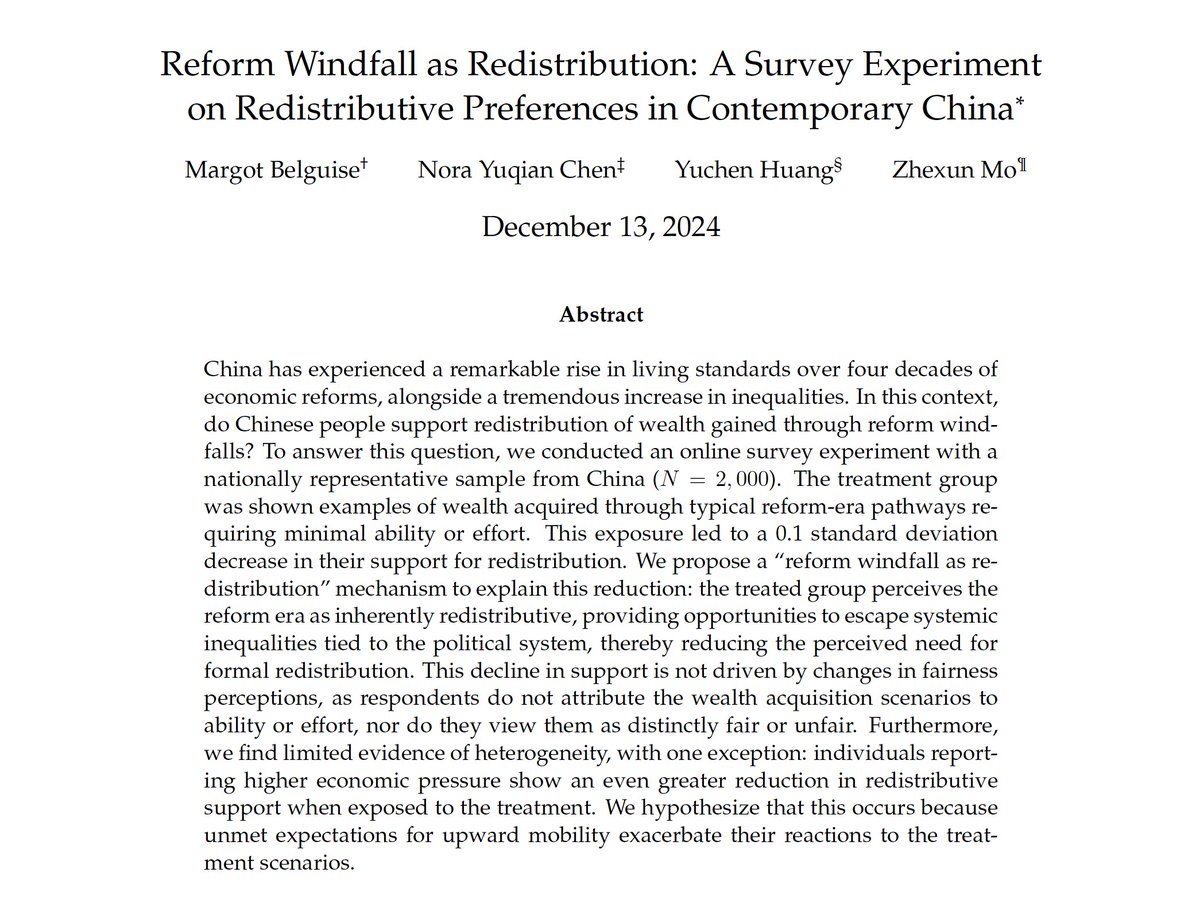 stone_lis's tweet image. Does the Chinese public support the redistribution of wealth gained through economic reforms? Read the new WP by @BelguiseMargot, Nora Yuqian Chen, Yuchen Huang &amp;amp; @GC_CUNY Stone Center postdoc @ZhexunMO.
stonecenter.gc.cuny.edu/research/refor…